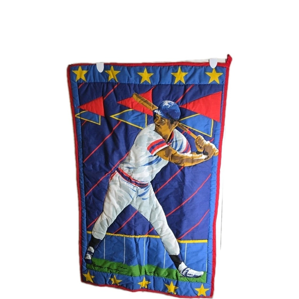 Vintage Jc penney Baseball Wall Hanging Blanket Blue 51"×29" Made In Usa